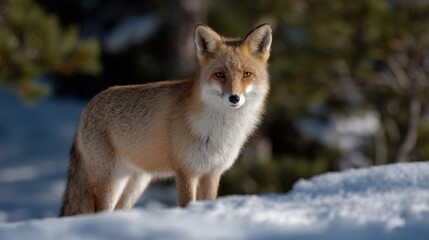Red fox in snowy forest, winter solstice guardian, sly elegance, folklore tales, midwinter dreams, mystical wilderness serenity
