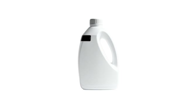 White plastic jug of cleaning fluid with a handle and small label on a black background