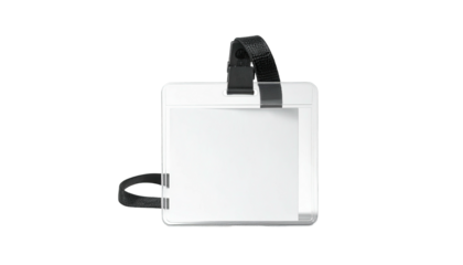 Square, blank ID tag with a black strap, isolated against a stark black background
