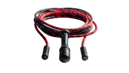 Red and black patterned skipping rope, lying on a black background