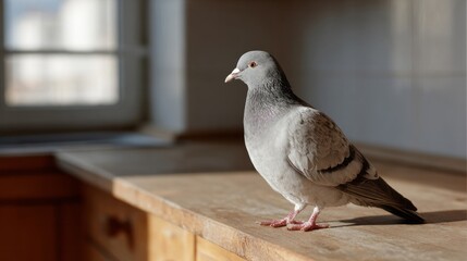 Sunlit pigeon perched contemplatively on rustic kitchen table, evoking urban sanctuary vibes, reminiscent of World Sparrow Day serenity