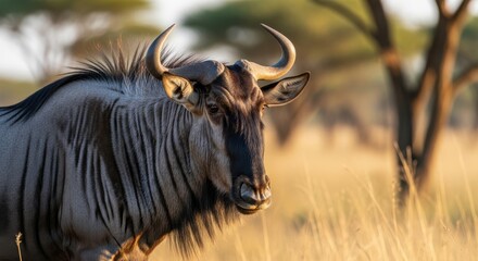 Majestic wildebeest portrait with curved horns in golden savanna light