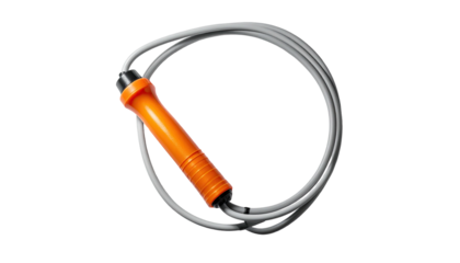 An orange handled, gray rope skipping tool, against a black background, coiled