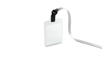 A blank, clear plastic rectangular badge, attached to a white lanyard, hanging