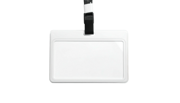 A blank, rectangular plastic ID badge hangs from a black lanyard, isolated on black - Powered by Adobe