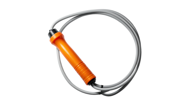 An orange handled, gray rope skipping tool, against a black background, coiled