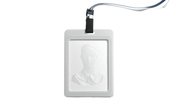 White blank ID badge with a placeholder portrait hangs by a silver cord