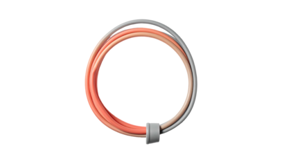 Coiled flexible cords in shades of orange, pink, and gray against a black background