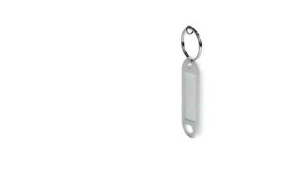 Minimalist white rectangular fob with a metal loop, hanging isolated on black