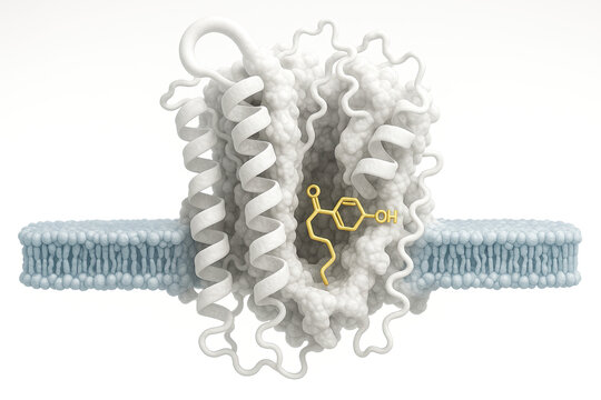 3D rendering of a G protein-coupled receptor (GPCR) embedded in a cell membrane, with a ligand molecule bound. The receptor is depicted as a complex protein structure with alpha-helices, and the membr