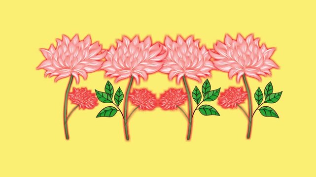 draw series of four pink flower decorate with tiny red flower, green leaf and colourful butterfly on yellow screen background
