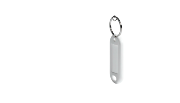 Minimalist white rectangular fob with a metal loop, hanging isolated on black