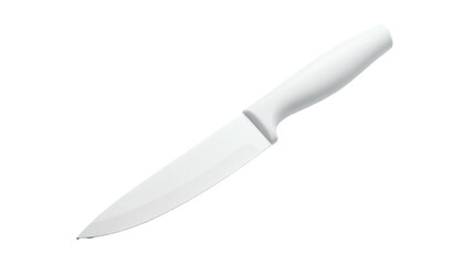 White chef's knife on a black background, angled, sharp blade, reflective