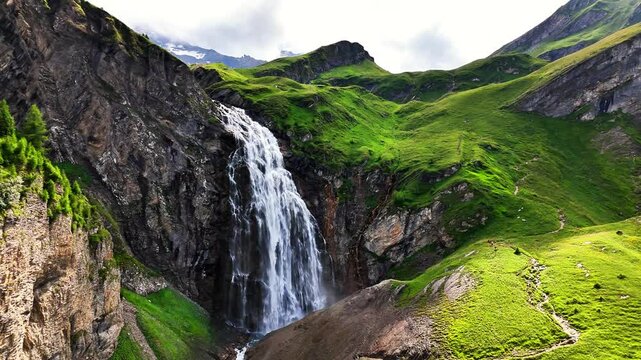 Engstligenfalle waterfall thunders down rugged alpine cliffs near Adelboden, framed by vibrant green meadows and dramatic mountains in Adelboden, Switzerland, drone pulling out at slow motion