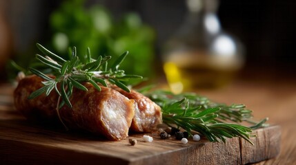 Succulent sausages embrace aromatic rosemary sprigs, capturing festive Oktoberfest indulgence and rustic Tuscan culinary celebration