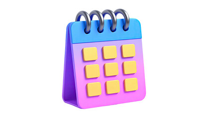 A 3D render of a colorful desk calendar with yellow dates and silver spirals