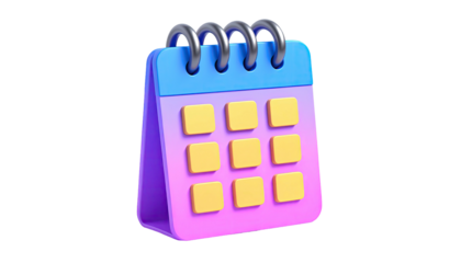 A 3D render of a colorful desk calendar with yellow dates and silver spirals