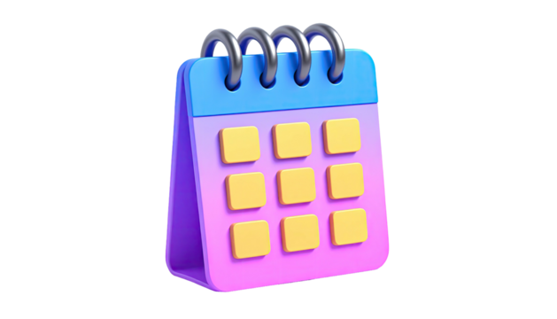 A 3D render of a colorful desk calendar with yellow dates and silver spirals