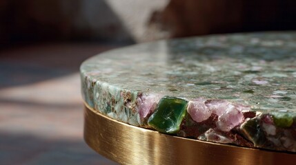 Intricate terrazzo tabletop gleams under sunlight, conjuring lunar New Year gatherings and eclectic artisanal craftsmanship celebrations