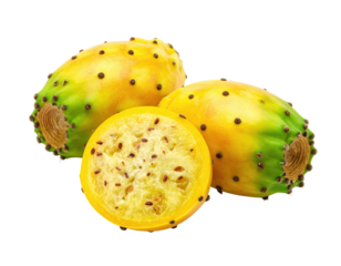 Two whole and one half prickly pear fruit, vibrant yellow-gold and light green, displayed on a black background