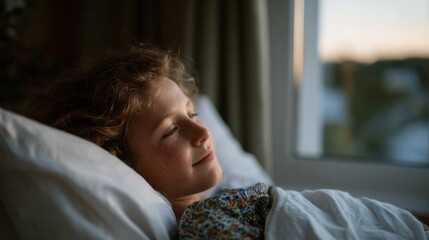 A serene young Caucasian girl dreams under sunrise whispers, embracing Slumberland's gentle embrace, linked to World Sleep Day
