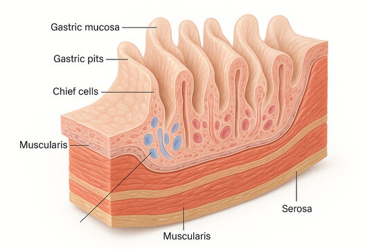 Detailed illustration of the cross-section of the stomach wall, highlighting gastric mucosa, gastric pits, chief cells, muscularis layers, and serosa, representing the internal structure of a digestiv