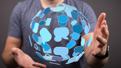 Conceptual illustration of worldwide connection and social media interaction held by hands. Focuses on global communication.