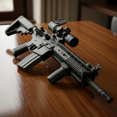 Tactical Assault Rifle with Scope on Wooden Surface for Special Forces