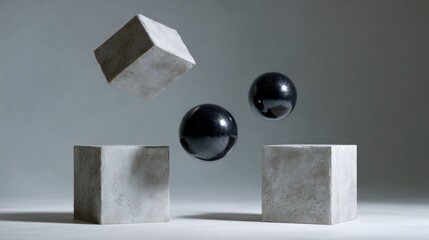 Floating concrete cubes and glossy black spheres hover in a dreamy dance, evoking gravity's rebellion; perfect for International Day of Geometry or World Science Day