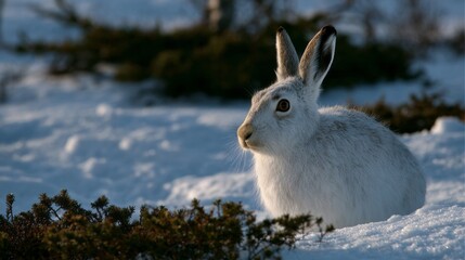 Obraz premium Bright-eyed snow hare nestled in frosty tundra, symbolizing Imbolc renewal and Arctic observation, whispers winter's serene secrets