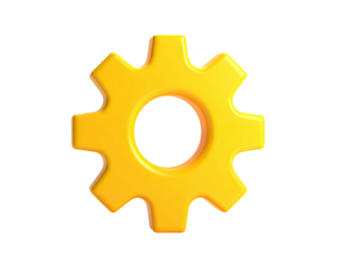 A bright, stylized, yellow gear with a central hole, isolated on black