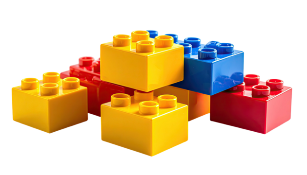 Colorful plastic bricks, stacked, on a transparent background with soft shadows