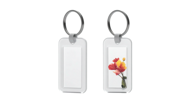 Two keychains; one blank, the other shows a floral design within a rectangular frame
