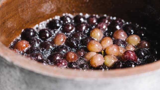 Bubbling cauldron of simmering grapes evokes autumnal harvest alchemy, reminiscent of Samhain's mystical brew and Begrudging Bog Day - Powered by Adobe