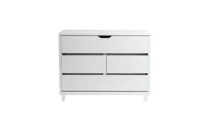 A modern white dresser with drawers of varying sizes, on a black background