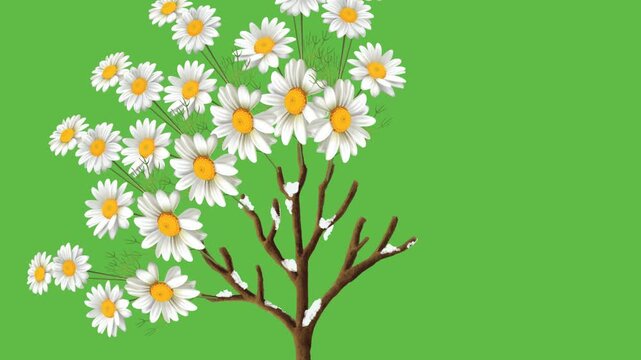 draw leafless tree of many white and yellow sunflower on green screen background
