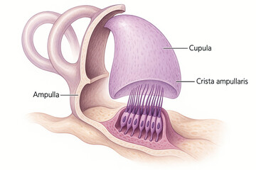 Detailed scientific illustration of the ampulla, crista ampullaris, and cupula within the inner ear, highlighting the vestibular system's sensory structures.