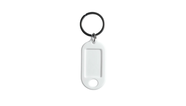 A white, oval-shaped tag with a metallic ring and a small hole, floating in space - Powered by Adobe