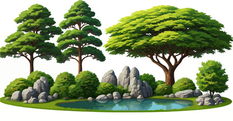 Illustration of trees rocks and pond on a white background