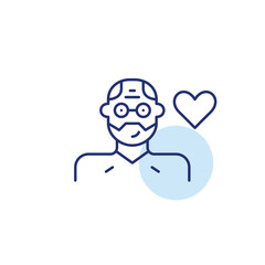 Elderly man wearing glasses and heart. Trusted assistance, senior support services. Pixel perfect, editable stroke vector icon