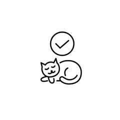 Sleeping cat and checkmark, safe pet products and health. Pixel perfect, editable stroke vector icon