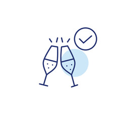 Toasting with champagne and checkmark. Quality drinks, approved alcohol. Celebration and party catering. Pixel perfect, editable stroke vector icon
