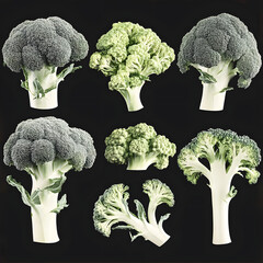 Fresh broccoli florets and stems arranged against a dark background