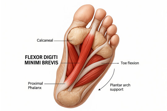 Anatomy of the human foot, showing the flexor digiti minimi brevis muscle, plantar arch support, and toe flexion.