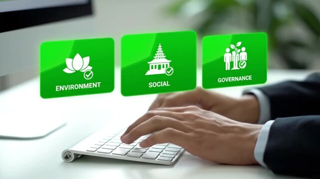 Hands typing on a keyboard with glowing green icons representing environment social and governance esg principles
