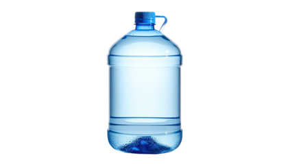 Transparent, oversized plastic container filled with clear water, with a blue handle