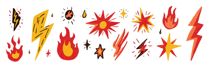 Hand Drawn Cartoon Fire Lightning and Star Elements in Red and Yellow Colors Isolated on White Background
