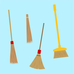 Various traditional brooms for cleaning environments, ideal for cleanliness, household, or clean-up campaign themes, flat art design style.
