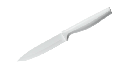A single white knife with a contoured handle rests on a black background