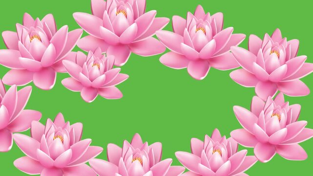 draw collection of pink flower decorate with colourful and beautiful butterfly in oval shape on green screen background
